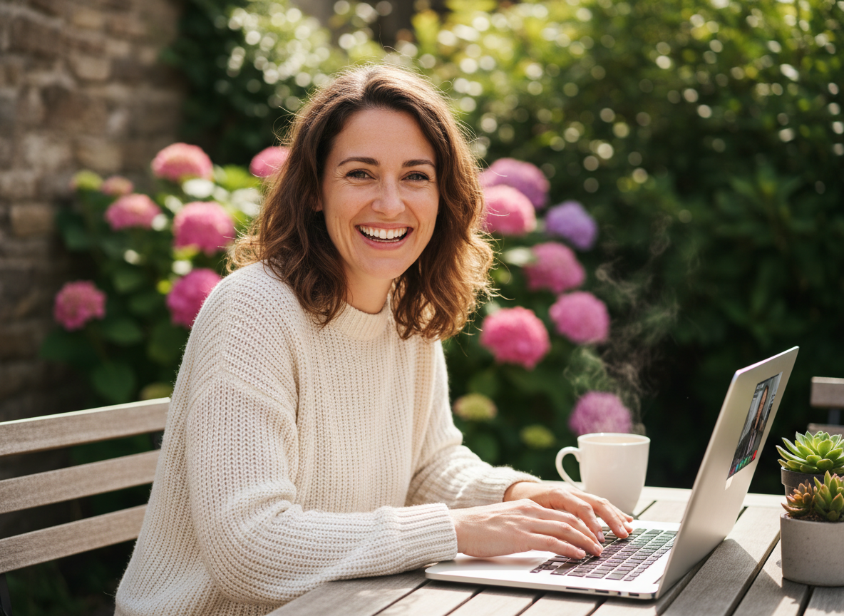 A woman sitting in front of her laptop and smiling